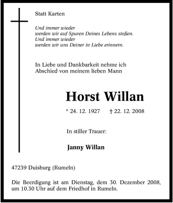 Traueranzeige von Horst Willan von Tageszeitung
