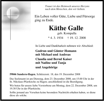 Traueranzeige von Käthe Galle von Tageszeitung