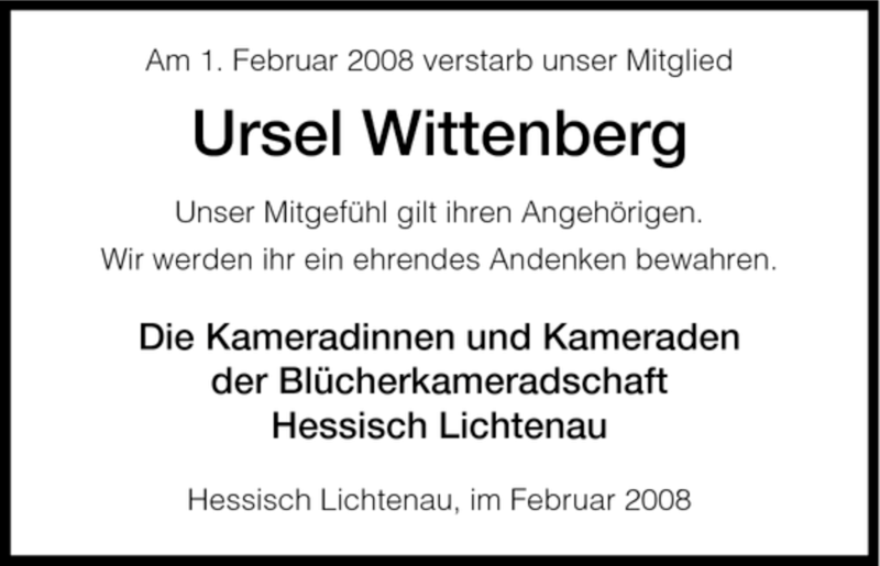  Traueranzeige für Ursel Wittenberg vom 06.02.2008 aus Tageszeitung