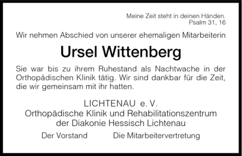 Traueranzeige für Ursel Wittenberg vom 14.02.2008 aus Tageszeitung