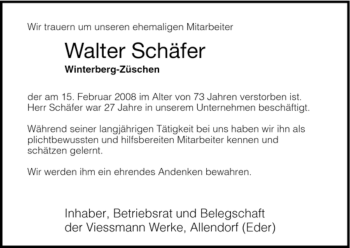 Traueranzeige von Walter Schäfer von Tageszeitung