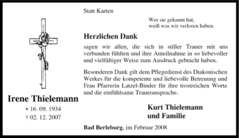 Traueranzeige von Irene Thielemann von Tageszeitung