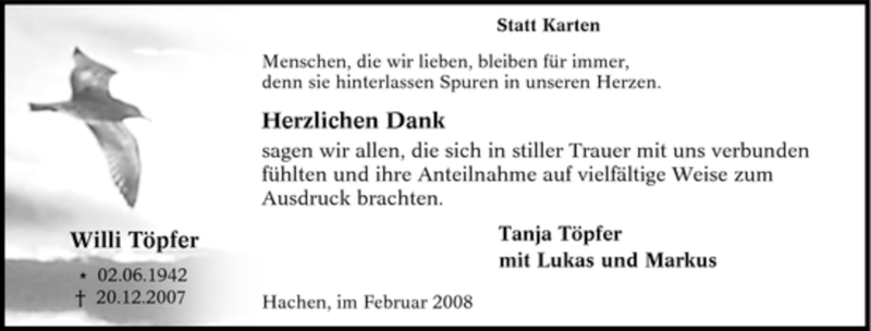  Traueranzeige für Willi Töpfer vom 02.02.2008 aus Tageszeitung