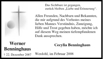 Traueranzeige von Werner Benninghaus von Tageszeitung