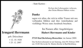 Traueranzeige von Irmgard Herrmann von Tageszeitung