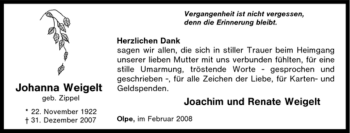Traueranzeige von Johanna Weigelt von Tageszeitung