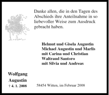 Traueranzeige von Wolfgang Augustin von Tageszeitung
