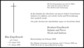 Traueranzeige von Rita Engelbracht von Tageszeitung