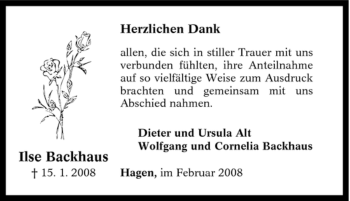 Traueranzeige von Ilse Backhaus von Tageszeitung