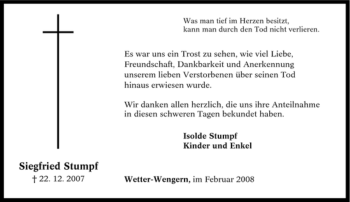Traueranzeige von Siegfried Stumpf von Tageszeitung