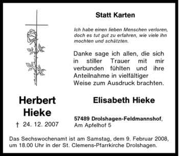 Traueranzeige von Herbert Hieke von Tageszeitung