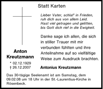 Traueranzeige von Anton Kreutzmann von Tageszeitung