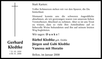Traueranzeige von Gerhard Kledtke von Tageszeitung