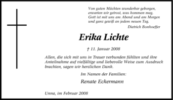 Traueranzeige von Erika Lichte von Tageszeitung
