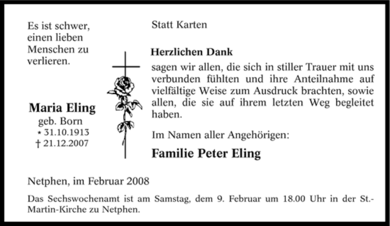  Traueranzeige für Maria Eling vom 02.02.2008 aus Tageszeitung