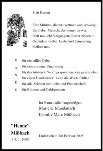 Traueranzeige von Henne Mißbach von Tageszeitung