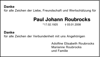 Traueranzeige von Paul Johann Roubrocks von Tageszeitung