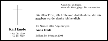 Traueranzeige von Karl Emde von Tageszeitung