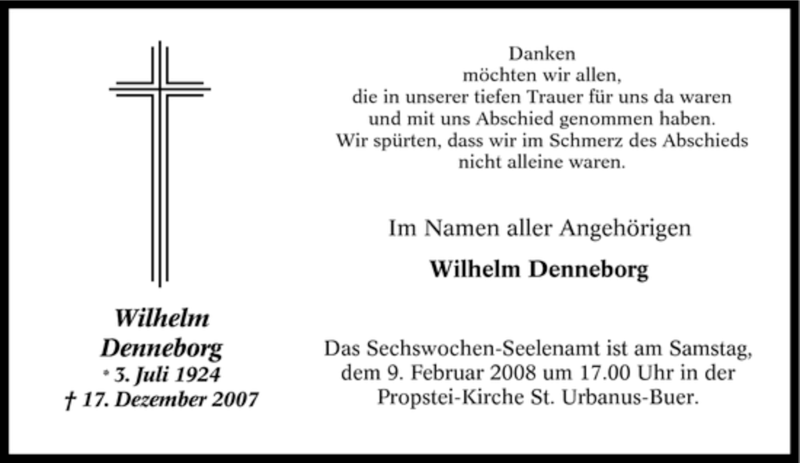  Traueranzeige für Wilhelm Denneborg vom 02.02.2008 aus Tageszeitung