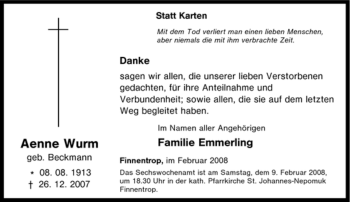 Traueranzeige von Aenne Wurm von Tageszeitung