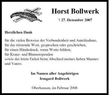 Traueranzeige von Horst Bollwerk von Tageszeitung