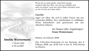 Traueranzeige von Imelda Westermann von Tageszeitung