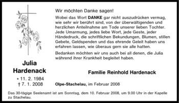 Traueranzeige von Julia Hardenack von Tageszeitung