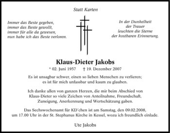 Traueranzeige von Klaus-Dieter Jakobs von Tageszeitung