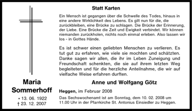  Traueranzeige für Maria Sommerhoff vom 06.02.2008 aus Tageszeitung