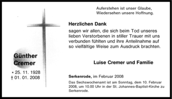 Traueranzeige von Günther Cremer von Tageszeitung