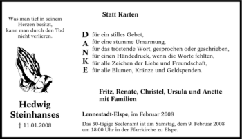 Traueranzeige von Hedwig Steinhanses von Tageszeitung