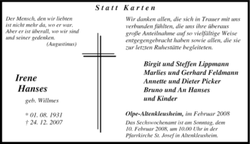 Traueranzeige von Irene Hanses von Tageszeitung