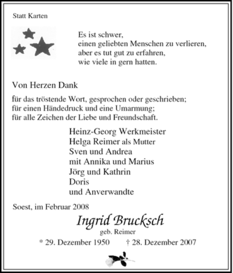  Traueranzeige für Ingrid Brucksch vom 07.02.2008 aus Tageszeitung