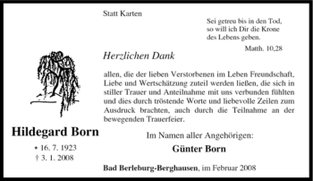 Traueranzeige von Hildegard Born von Tageszeitung