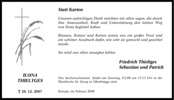 Traueranzeige von Ilona Thieltges von Tageszeitung