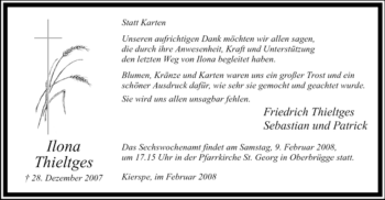 Traueranzeige von Ilona Thieltges von Tageszeitung