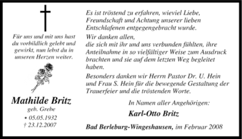 Traueranzeige von Mathilde Britz von Tageszeitung
