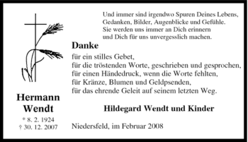 Traueranzeige von Hermann Wendt von Tageszeitung