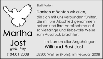 Traueranzeige von Martha Jost von Tageszeitung