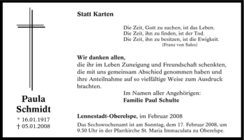 Traueranzeige von Paula Schmidt von Tageszeitung