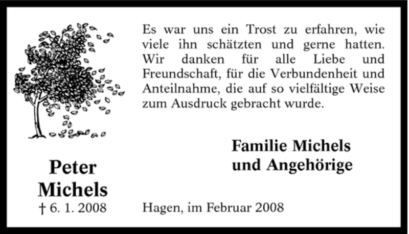  Traueranzeige für Peter Michels vom 09.02.2008 aus Tageszeitung