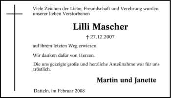 Traueranzeige von Lilli Mascher von Tageszeitung