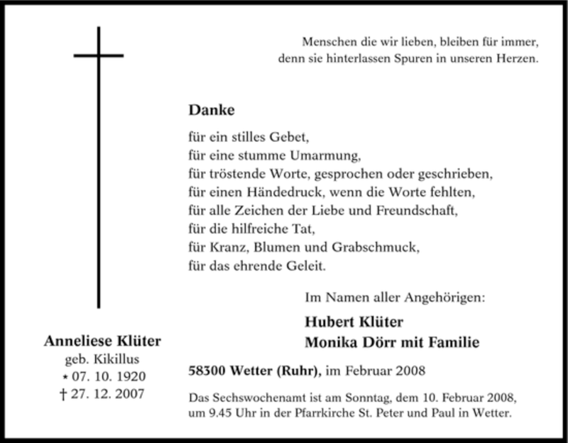  Traueranzeige für Anneliese Klüter vom 09.02.2008 aus Tageszeitung