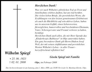 Traueranzeige von Wilhelm Spiegl von Tageszeitung
