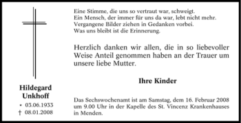 Traueranzeige von Hildegard Unkhoff von Tageszeitung