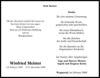 Traueranzeige von Winfried Meister von Tageszeitung
