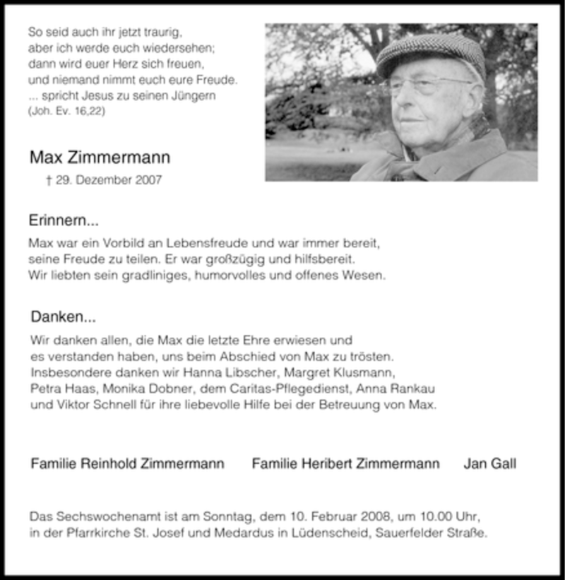  Traueranzeige für Max Zimmermann vom 09.02.2008 aus Tageszeitung