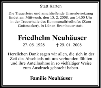 Traueranzeige von Friedhelm Neuhäuser von Tageszeitung