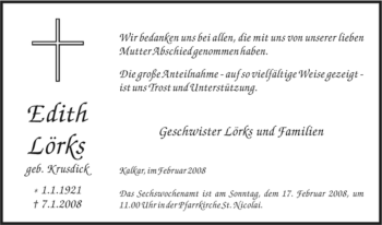 Traueranzeige von Edith Lörks von Tageszeitung