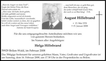 Traueranzeige von August Hillebrand von Tageszeitung